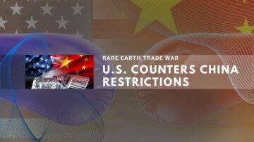 U.S. and Chinese flags with text "U.S. counters China restrictions" highlighting rare earth trade war.