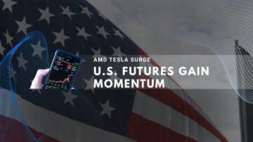 Phone showing stock data with US flag background and AMD Tesla surge text.