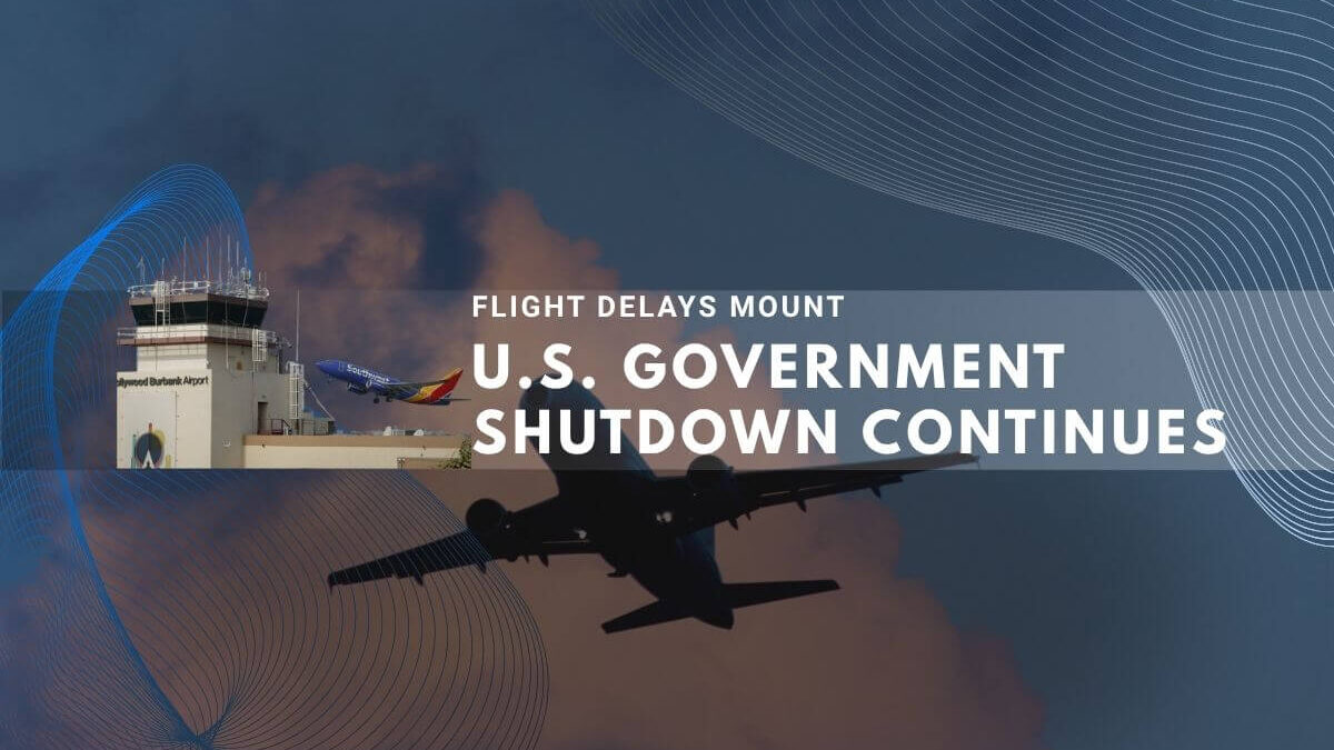 Airport tower and planes with text about flight delays due to government shutdown.