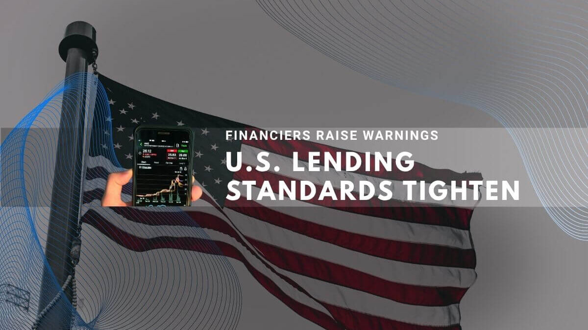 American flag with hand holding phone showing financial data amid lending warnings