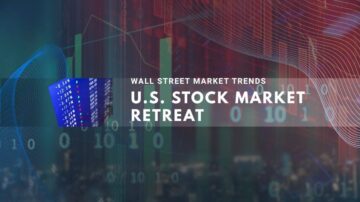 A graphic showcasing the U.S. stock market retreat with charts, binary code, and a city skyline.
