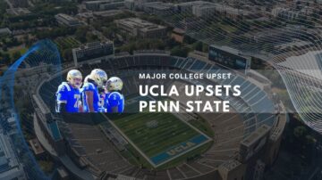 Aerial view of UCLA stadium with players during upset victory over Penn State