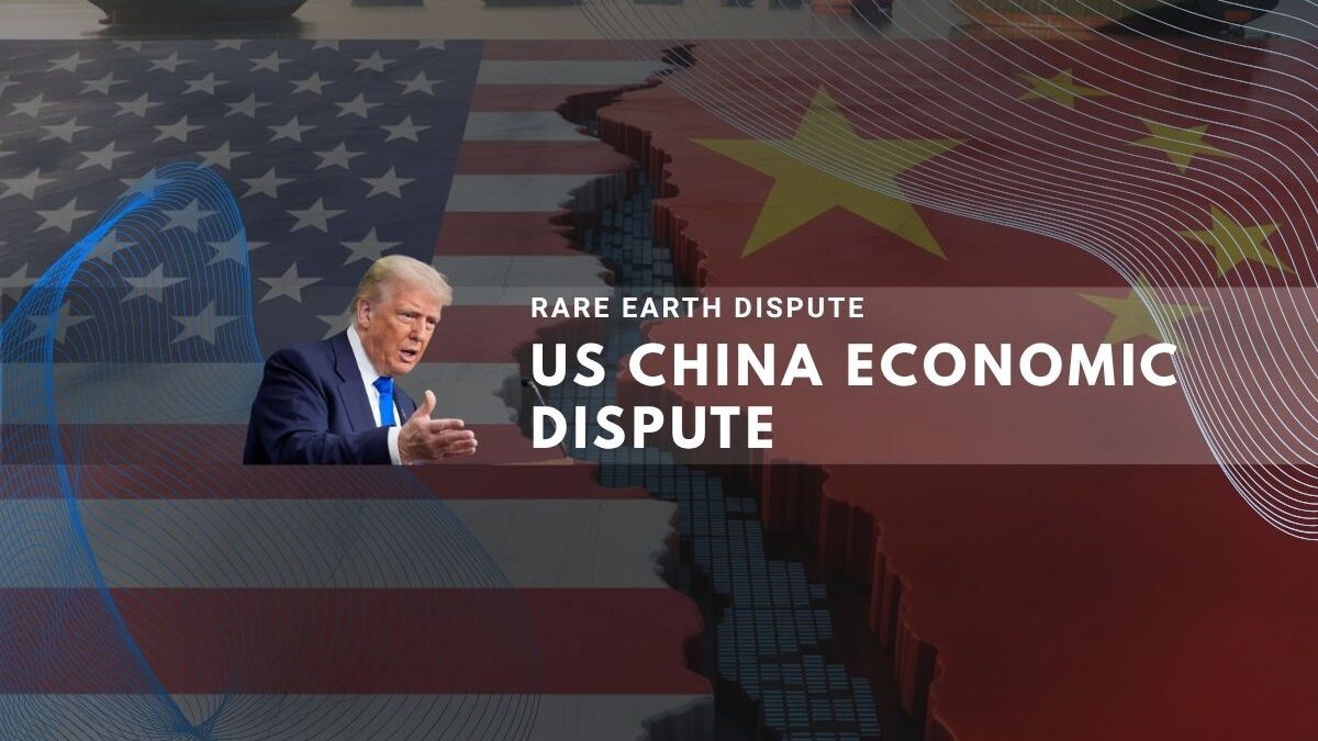 Image showing U.S. and China flags divided by trade rift with Trump and cargo ships in background.