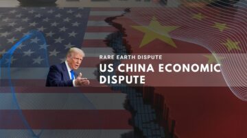 Image showing U.S. and China flags divided by trade rift with Trump and cargo ships in background.