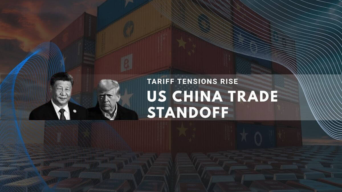 Illustration of US-China trade standoff showing shipping containers and leaders’ images.