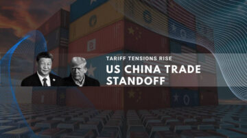 Illustration of US-China trade standoff showing shipping containers and leaders’ images.