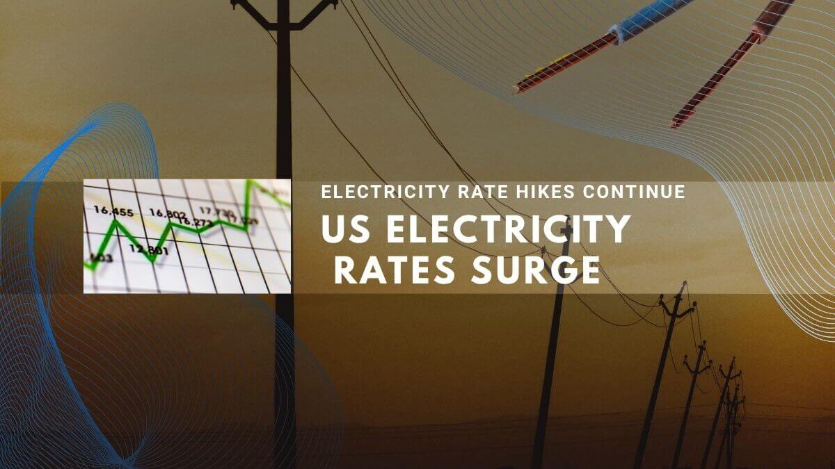 Electricity rates surge in US with power lines and rising rate graph against sky