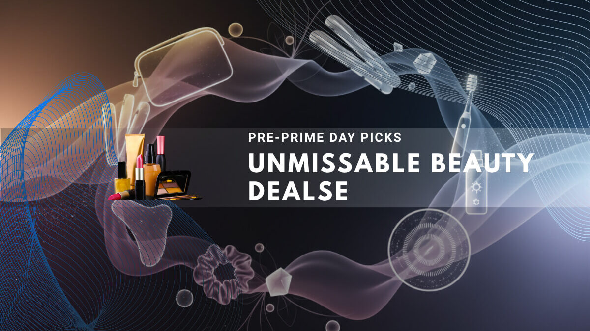 Beauty products on dark background with Prime Day promotional text