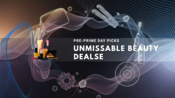 Beauty products on dark background with Prime Day promotional text