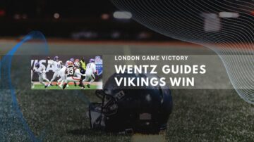 Night stadium with football players and helmets showing Wentz guides Vikings win