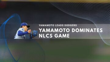 Dodgers baseball player with glove on field with "Yamamoto Dominates" text