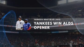 Yankees celebrate victory over Blue Jays in ALDS opener game at packed stadium.