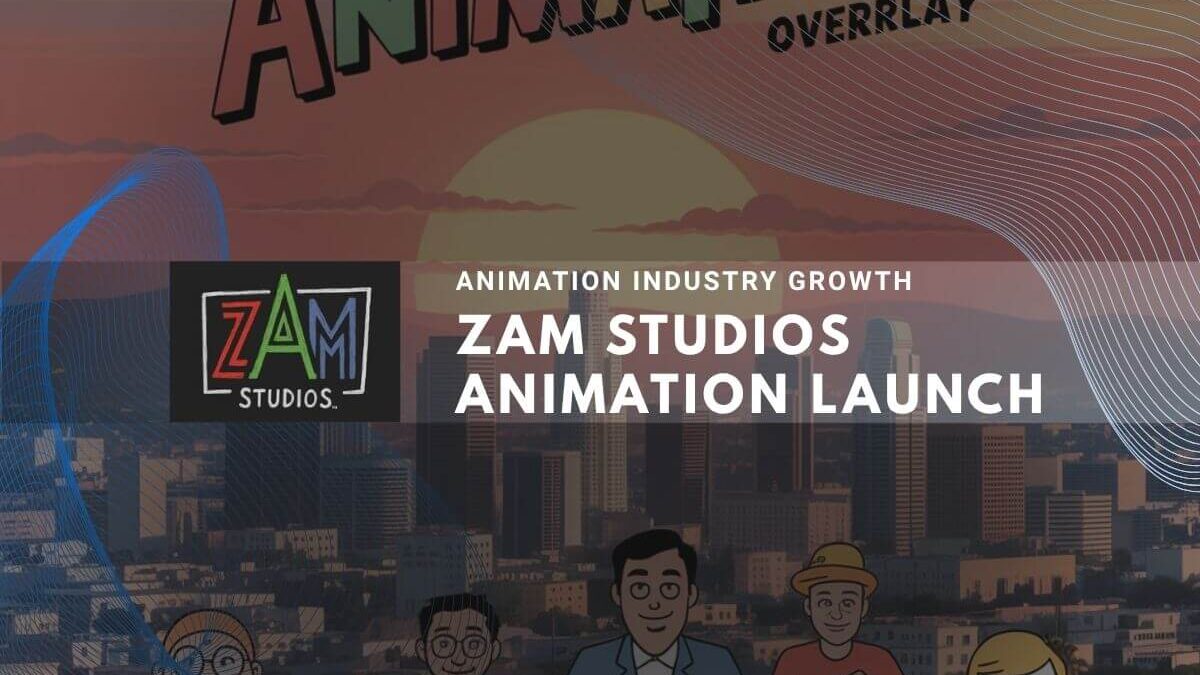 Cartoon characters and the ZAM Studios logo over a sunset city skyline background.