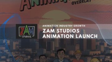Cartoon characters and the ZAM Studios logo over a sunset city skyline background.