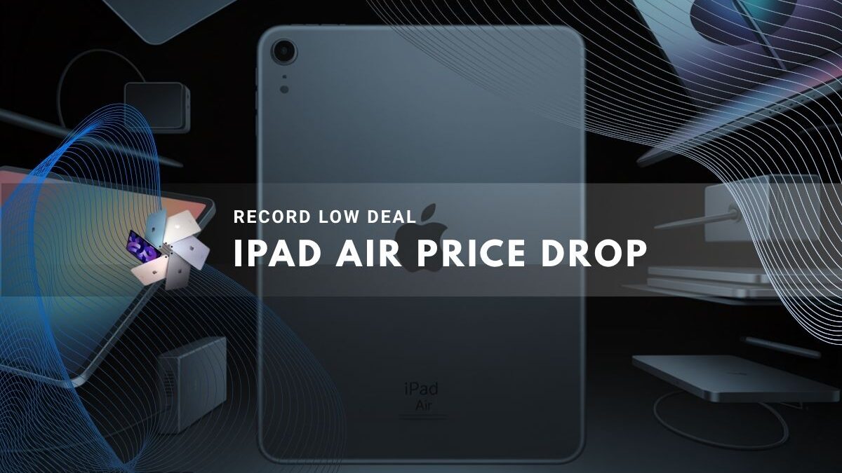 silver iPad Air surrounded by various Apple devices and abstract wave graphics