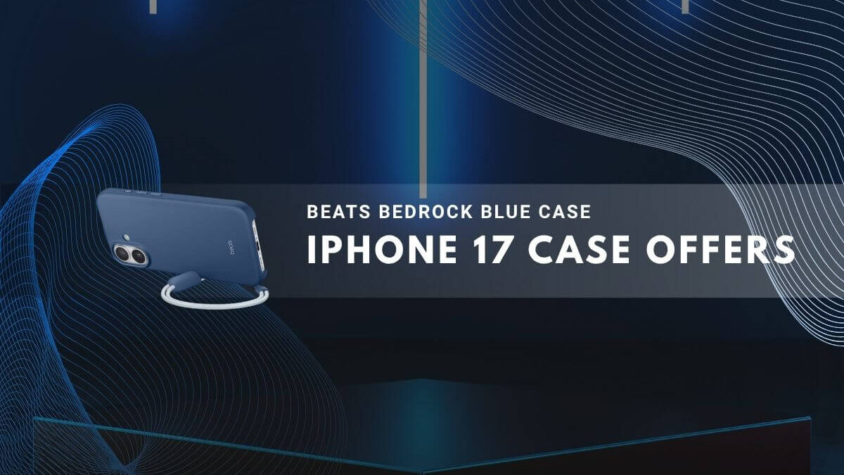 An iPhone with a Beats Bedrock blue case and ring stand, displayed on a deep blue tech background.