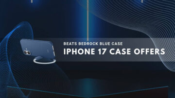 An iPhone with a Beats Bedrock blue case and ring stand, displayed on a deep blue tech background.