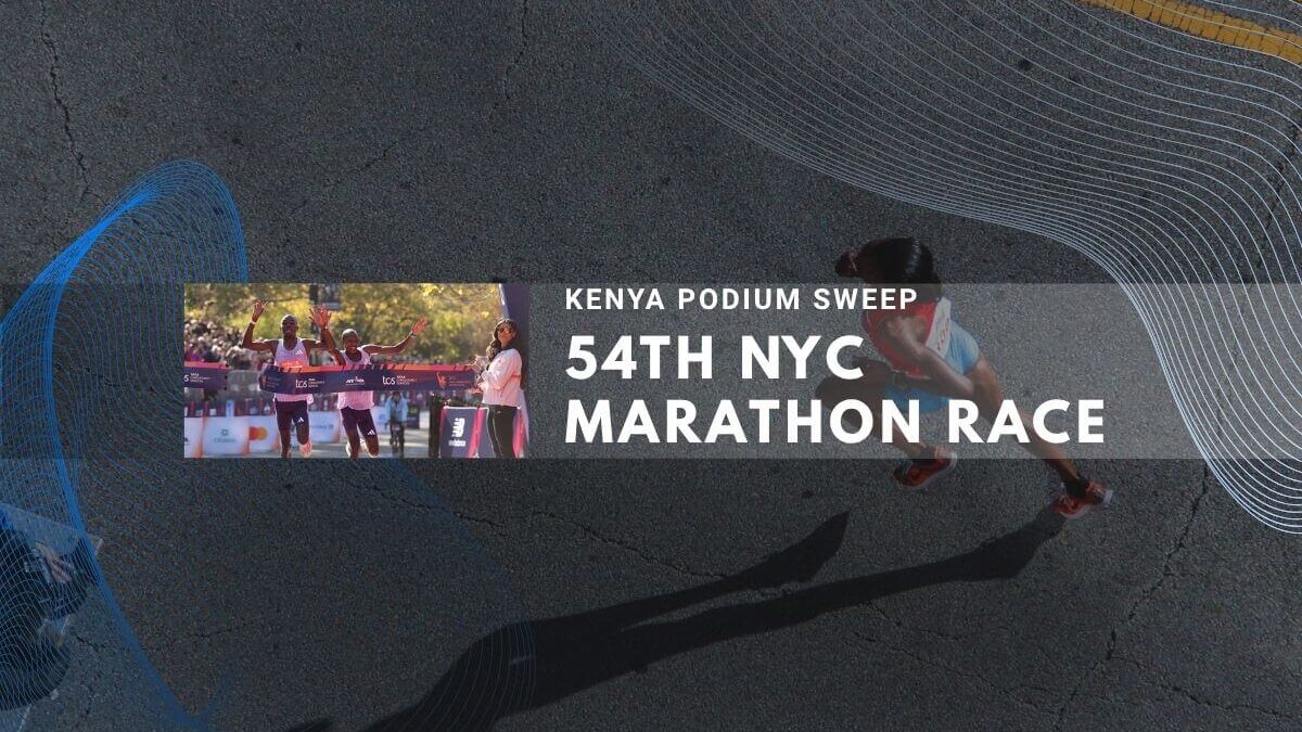 Kenya sweeps podium at 54th NYC Marathon with runners celebrating victory.