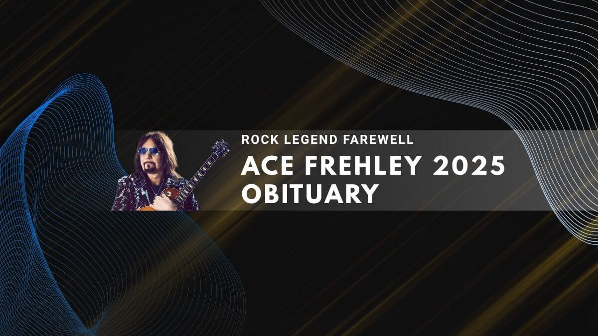 Rock legend Ace Frehley 2025 obituary poster with guitar photo and wave effects.