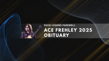 Rock legend Ace Frehley 2025 obituary poster with guitar photo and wave effects.