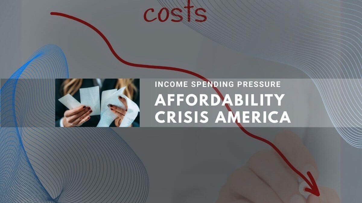 Affordability Crisis America text with costs, income spending pressure graphics