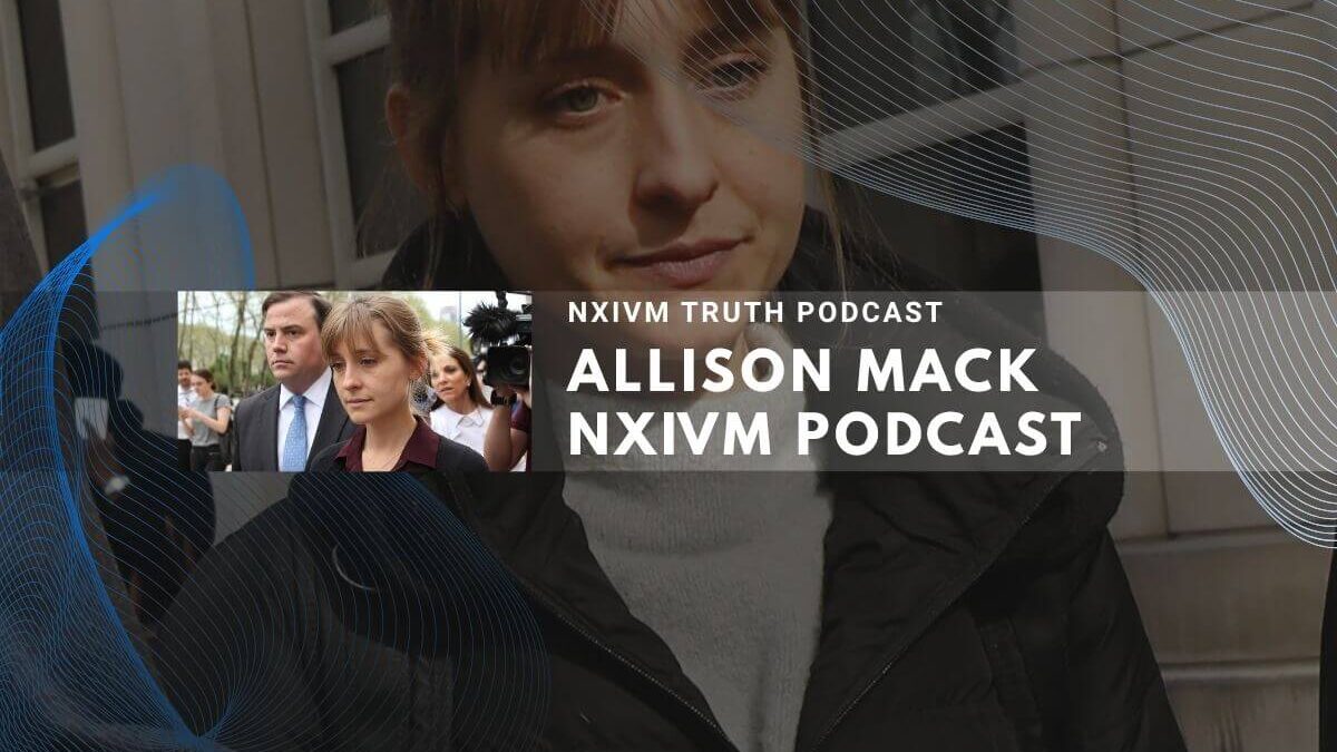 Allison Mack NXIVM podcast with person in black jacket and building background