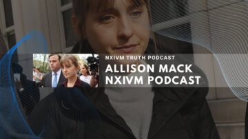 Allison Mack NXIVM podcast with person in black jacket and building background