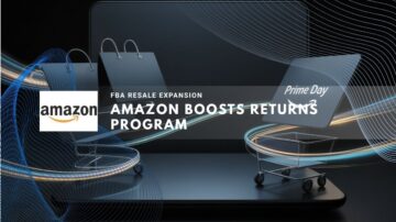 Digital shopping carts and bags beside Amazon logo on screens