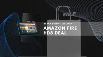 Amazon Fire HD8 tablet with Black Friday sale sign and shopping bag