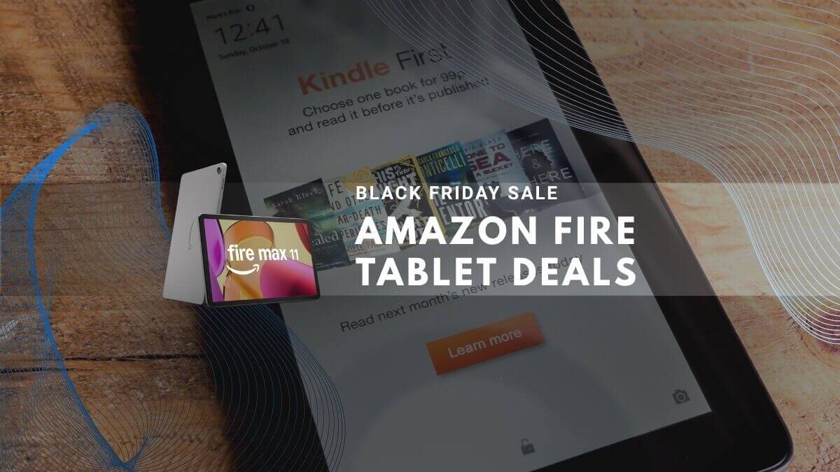 Amazon Fire tablet displaying Kindle First interface on wooden desk during Black Friday sale.