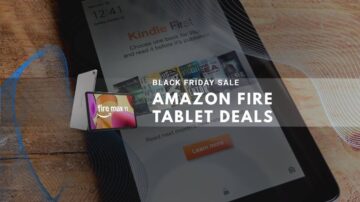 Amazon Fire tablet displaying Kindle First interface on wooden desk during Black Friday sale.