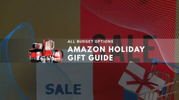 Amazon Holiday Gift Guide featuring sale items, shopping bags, and gift boxes with red ribbons.