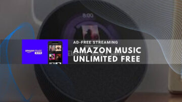 Black circular smart speaker on wooden surface with Amazon Music Unlimited Free ad displayed.