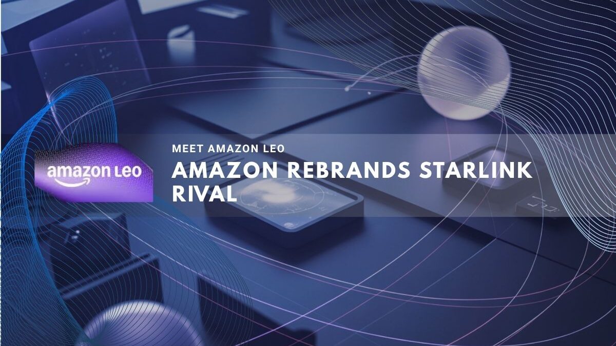 Futuristic devices with Amazon Leo logo and network glow.