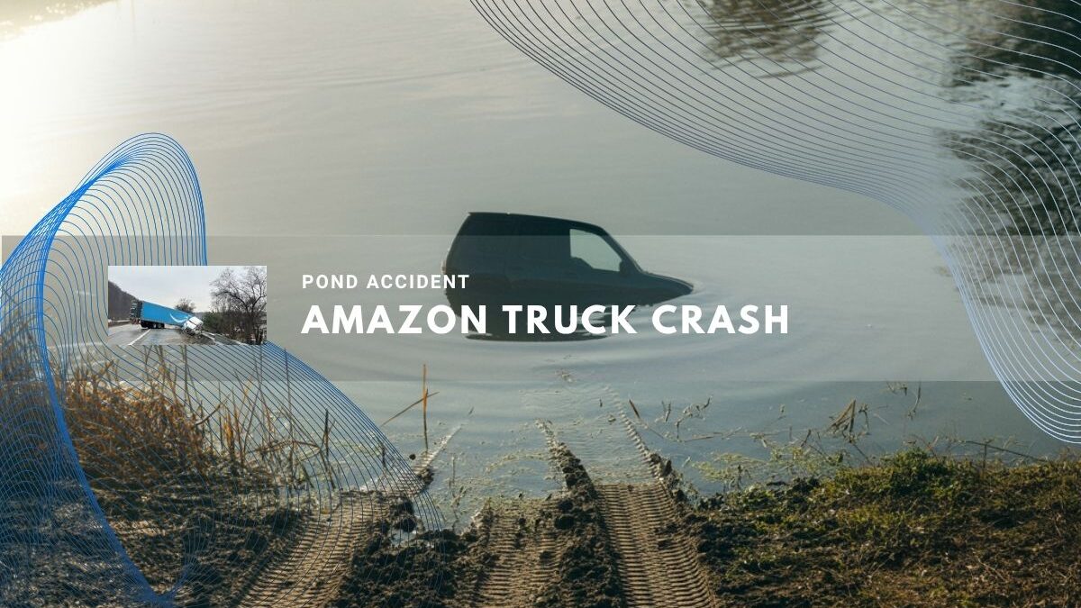 Partially submerged delivery van in a pond