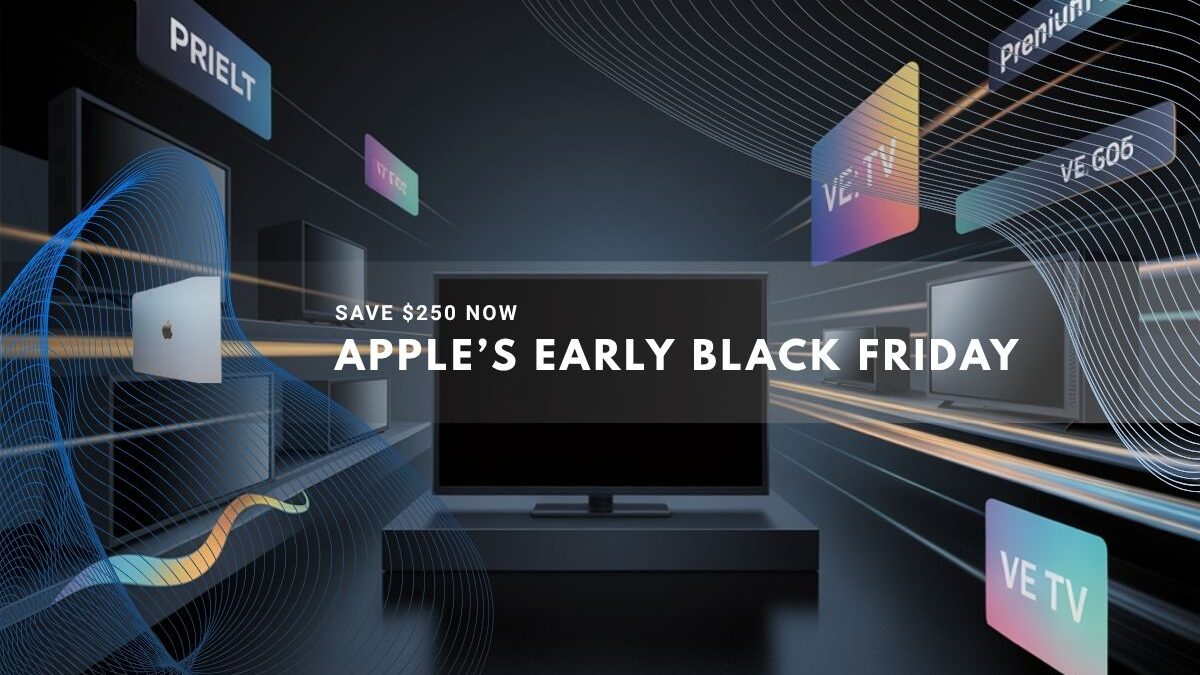 Sleek Apple devices displayed in a futuristic digital showroom