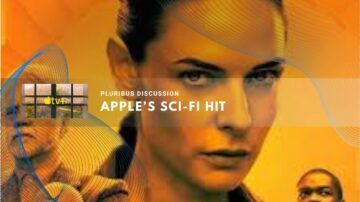 Promotional image featuring intense sci-fi characters against a vivid orange Apple TV+ backdrop.