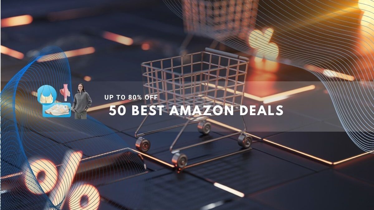 Shopping cart on glowing digital surface with sale symbols