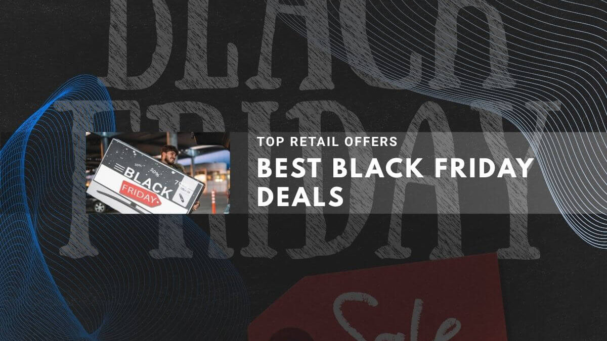 Black Friday promotional display with top retail offers and sale tags on dark background.