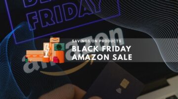 Amazon Black Friday sale with laptops, cards, gifts, and lightning effects
