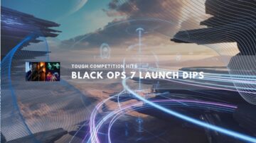 Futuristic battlefield landscape with glowing blue light trails.