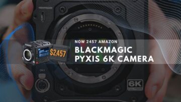 Hand holding Blackmagic Pyxis 6K full-frame camera with price and tech graphics.