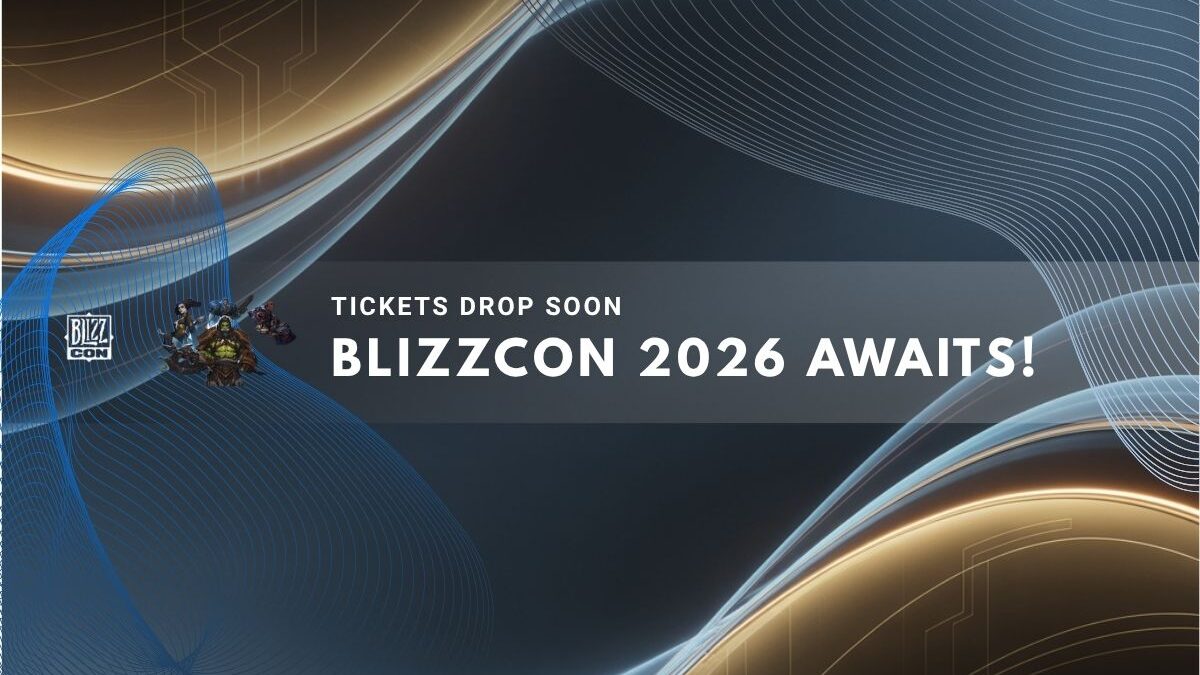 BlizzCon 2026 announcement with futuristic graphics and ticket notice