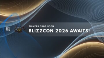 BlizzCon 2026 announcement with futuristic graphics and ticket notice