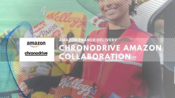 Amazon France and Chronodrive collaboration in delivery scene with red vest and products.