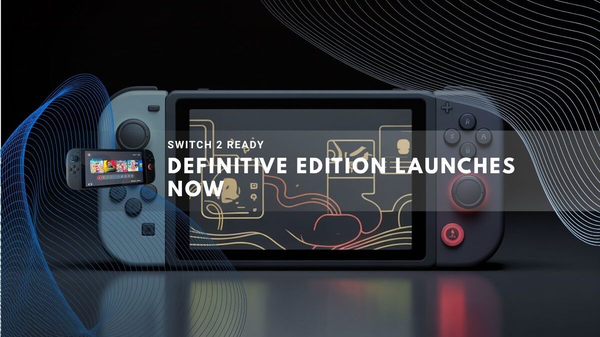 Nintendo Switch-style console displaying abstract game art.