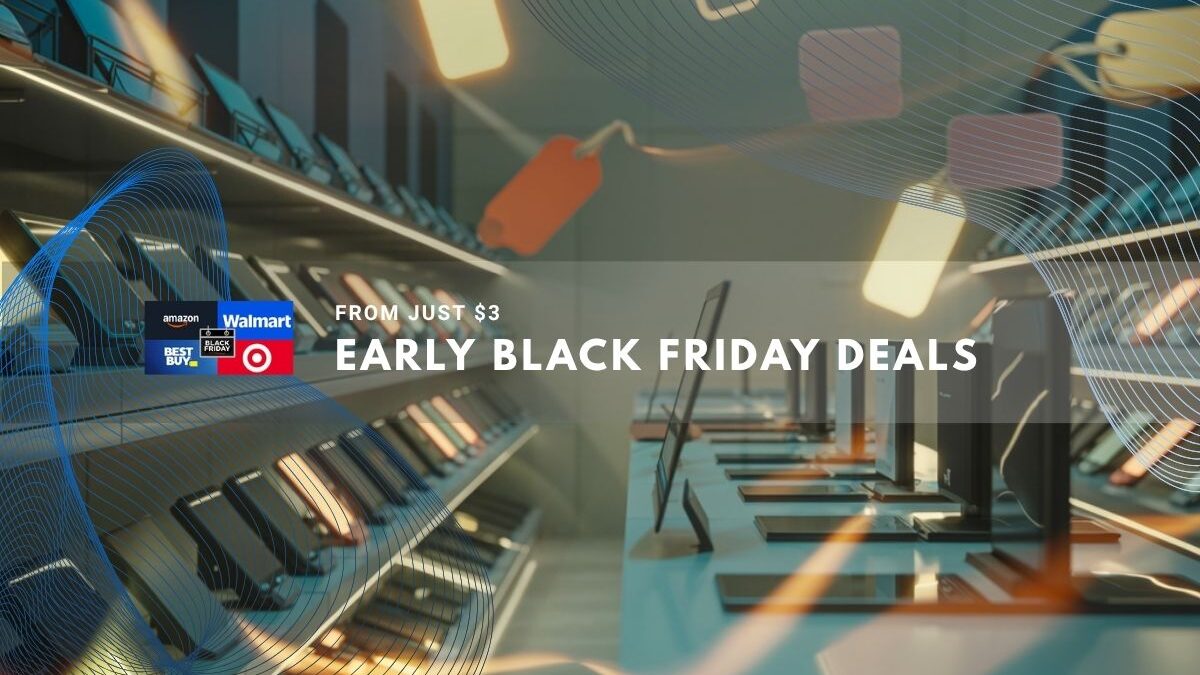 Electronics store display with glowing price tags and modern lighting