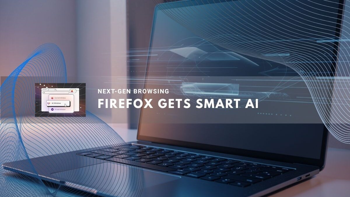 Open laptop on a desk with futuristic browser interface glow