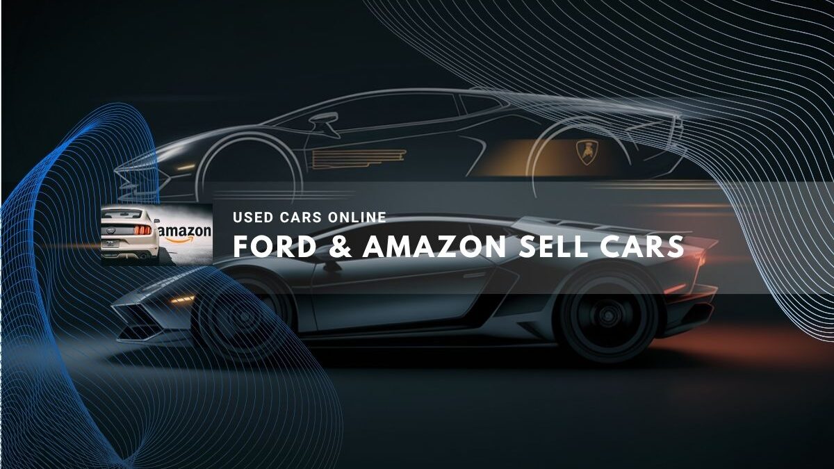 Sleek sports cars with Amazon and Ford logos in a digital showroom setting.