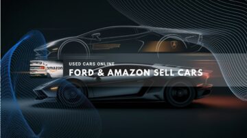 Sleek sports cars with Amazon and Ford logos in a digital showroom setting.